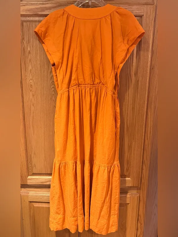 Reneé Flutter-Sleeve Linen Button-Front Midi Dress Pockets Orange Size Medium - Image 12