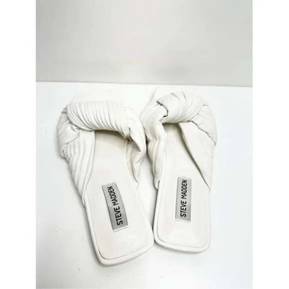 Steve Madden Mentor White Ruched Knotted Square Toe Flat Slide Sandals 8.5M - Image 7