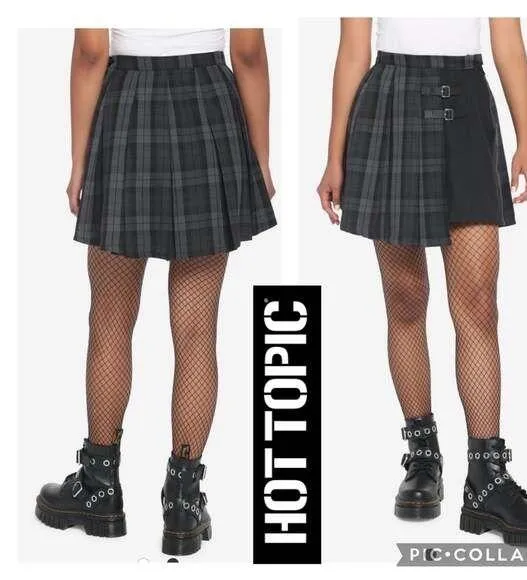 Hot Topic Black & Grey Plaid Buckle Asymmetrical Pleated Skirt size large - Image 2