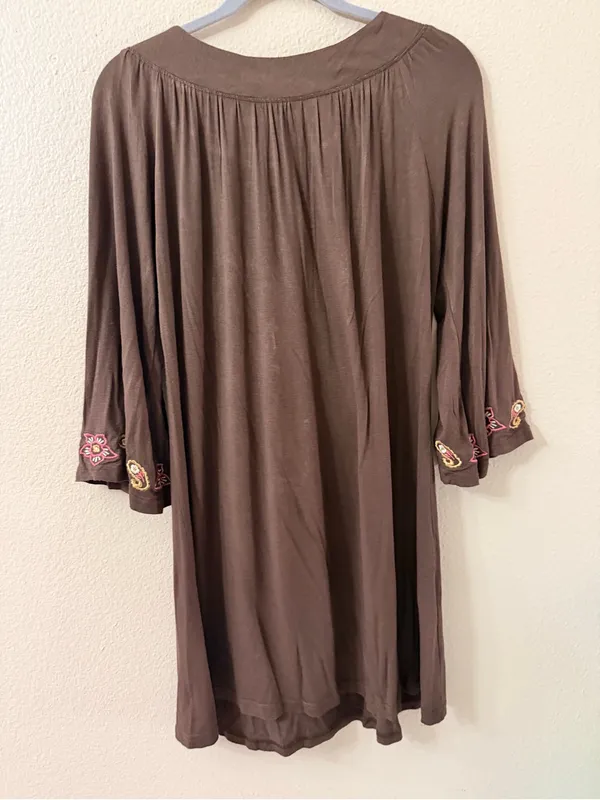 Real Brown Embroidered Boho Tunic Dress Size L Paisley 3/4 Sleeve - Image 3