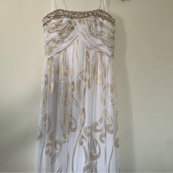 Ethereal Grecian Strapless Maxi Dress Womens 12 White Gold Beaded Formal Gown - Image 2