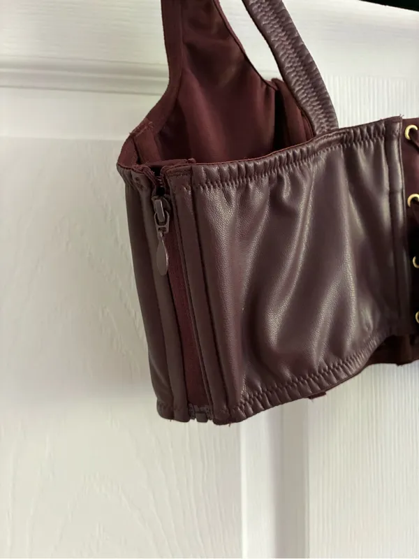 Victoria's Secret Faux Leather Mini Corset Top Lace Up, NWT, L, Burgundy Brown - Image 10