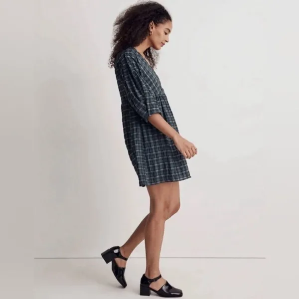 MADEWELL Marianna Puff-Sleeve Mini Dress in Plaid NI640 Size S - Image 9