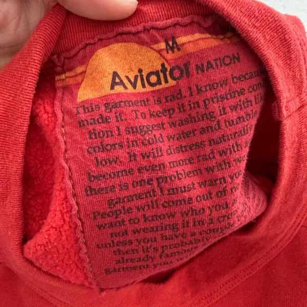 Aviator Nation Red Crew Neck Sweater with Rainbow 5 Stripes with Pockets - Image 6