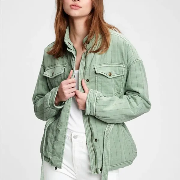 GAP Quilted Utility Belted Jacket In Green Dollar Size Medium - Image 5