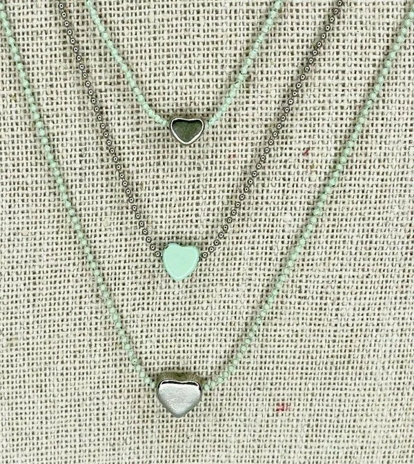 Silver Tone and Mint Skinny Dainty Triple Strand Heart Necklace - Image 5