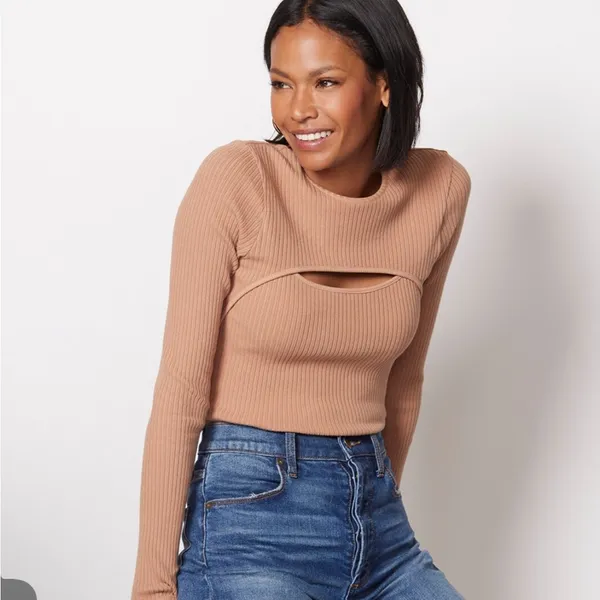 Agolde Lyza‎ Cut Out Rib Top tan Sz M - Image 3