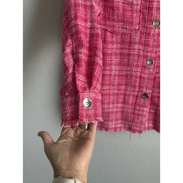 ZARA Pink Plaid Tweed Shacket Oversized Shirt Jacket Boucle Coquette XS NEW - Image 11