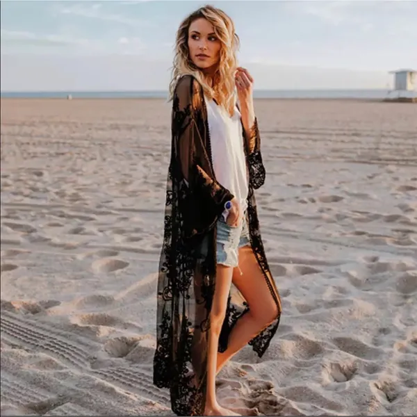 She & Sky Crochet Lace Midi Duster‎ Kimono Cardigan Black S/M $44 - Image 2