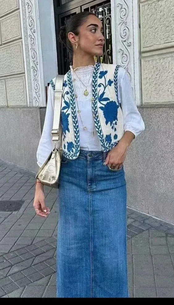 KOEEI Angeline Blue Waistcoat Boho Floral Embroidered Vest Women’s Size L - Image 4