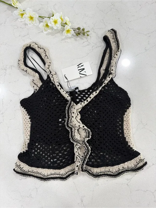 Zara Black Crochet Tank with Cream Ruffle Trim - Image 3