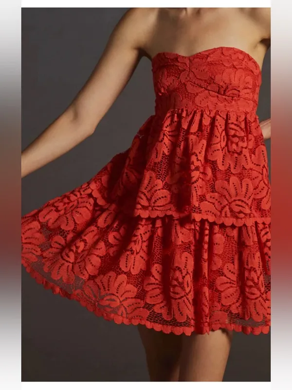 ANTHROPOLOGIE Maeve Strapless Lace Mini Dress Red size small No Shoulder Straps - Image 3