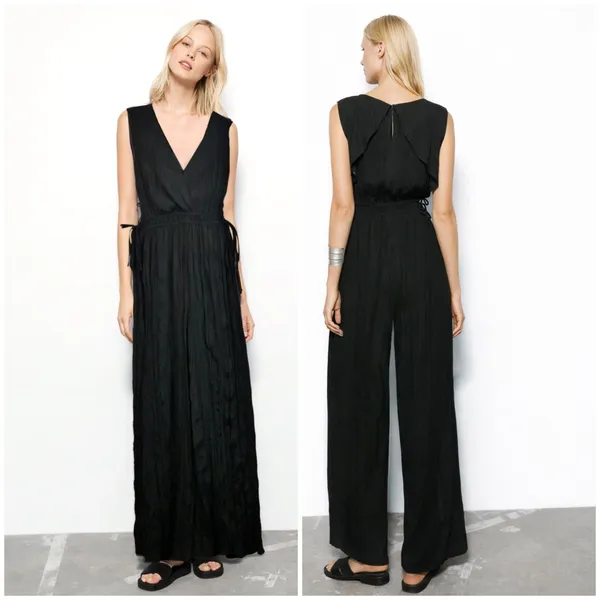 Zara Jumpsuit Womens M Black Sleeveless V-Neck Wrinkled Satin Effect Wide Legs - Image 2