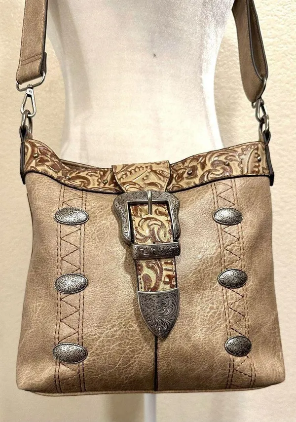 Justin Leather Buckle Taupe Western Crossbody Bag - Image 2