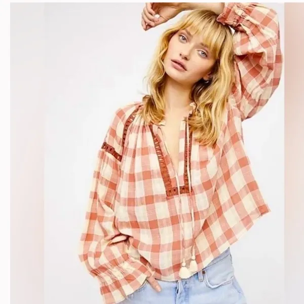 Free People Honey Grove Plaid Top Pink - Image 3