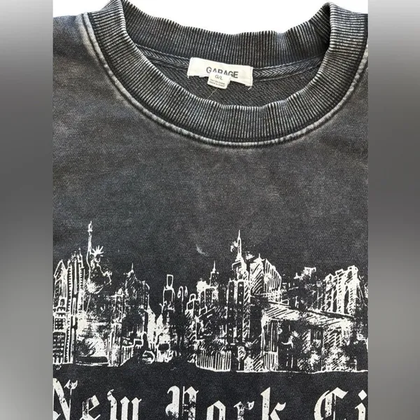 Garage Cropped New York City Sweatshirt Black Washed Graphic Pullover Size L - Image 6
