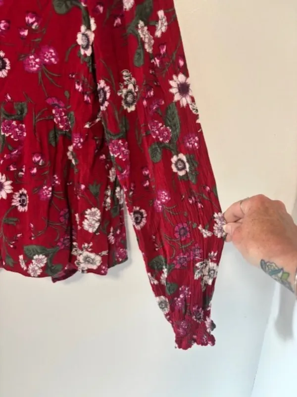 Aeropostale L Red Floral Blouse Ruched Tie Front Long Sleeve Boho Peasant Top - Image 6