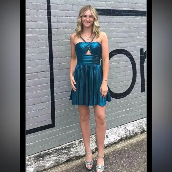 Sherri Hill Metallic Teal One-Shoulder Pleated Evening Gown - Image 2