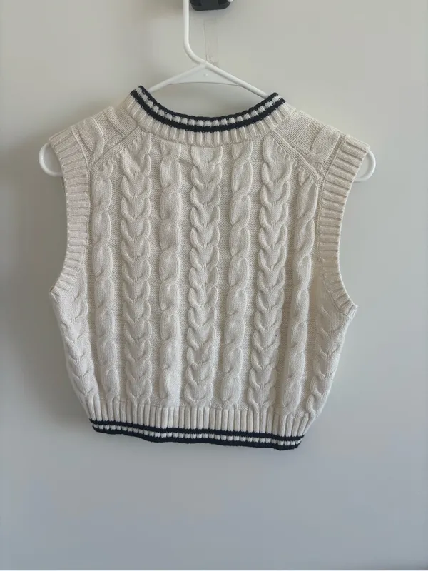 Sunday Best Merino Wool Cream Cable Knit V-Neck Sweater Vest - Image 5