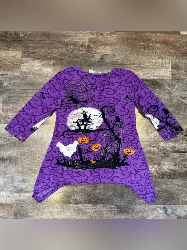 Collections Etc. Vintage Halloween 3/4 Sleeve Purple Blouse Sequins Ghost Medium - Image 5