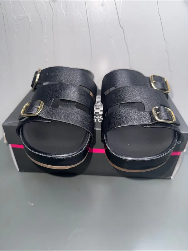 Vince Camuto Freida Black Leather Double Buckle Slide Mules - Image 4