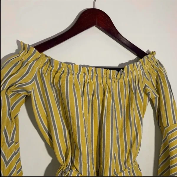 Nasty Gal Yellow Gray Striped Romper Playsuit Bell Sleeves Size 2 XS - Image 7