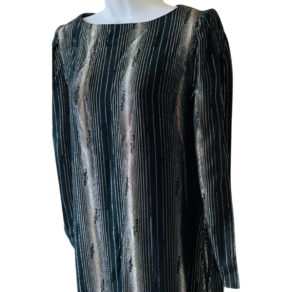 Vintage 80s Black Gold Silver Shimmer Long Sleeve Dress size 7 / 8 Shangri La - Image 10