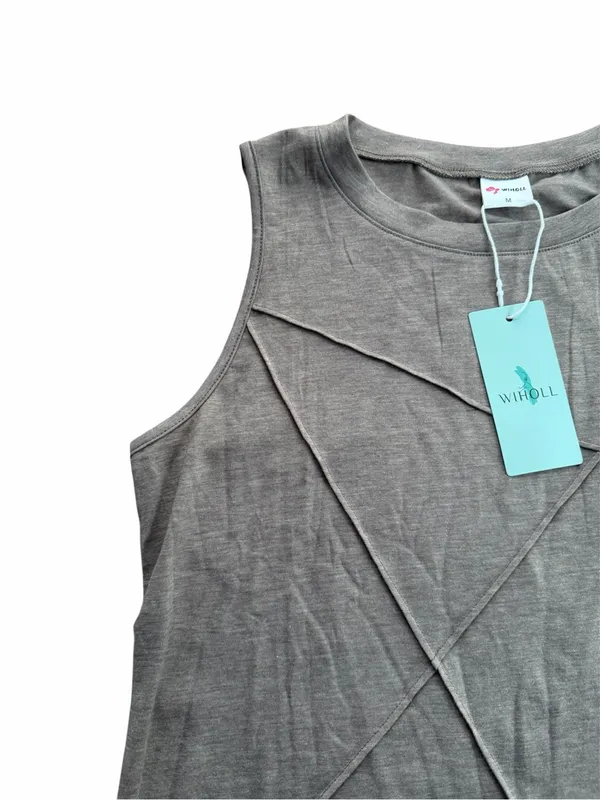 WIHOLL Women's Gray Sleeveless Tank Top Geometric Stitch Casual Crew Neck Size M - Image 2