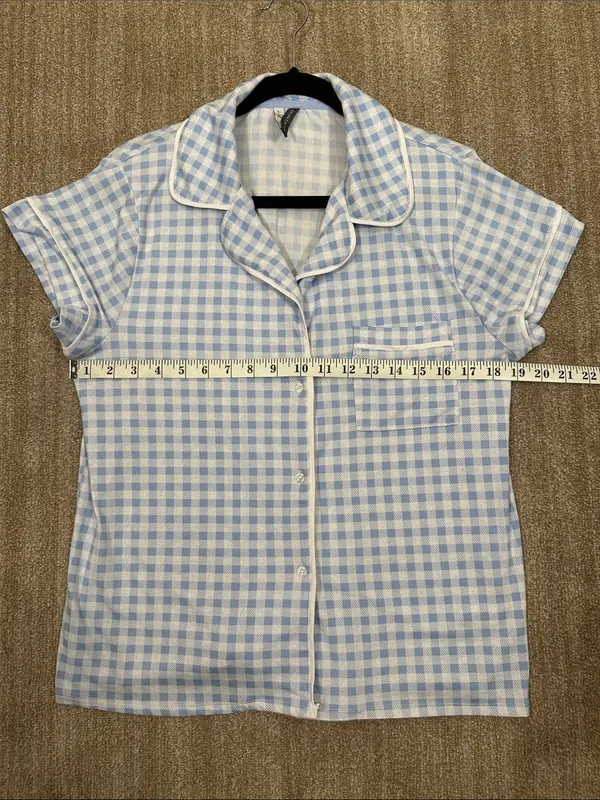 Jaclyn Intimate Blue White Gingham Plaid Stretch Pajama Sleep Shirt Large Pocket - Image 3