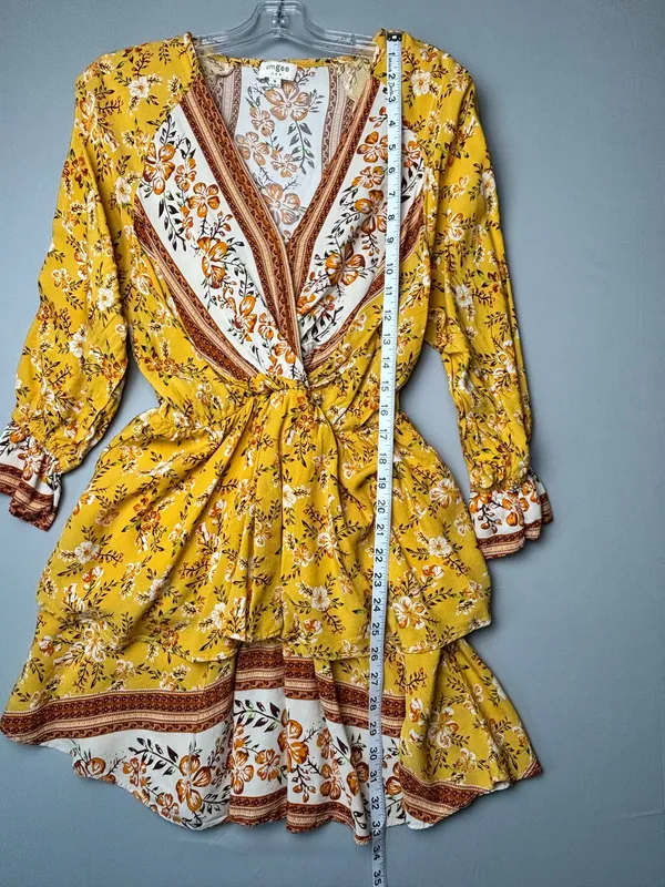 Umgee Mustard Yellow Floral Boho Faux Wrap Ruffle Dress Medium - Image 3
