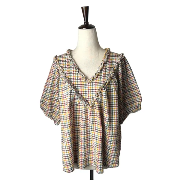 Old Navy‎ Ruffle Dobby Gingham Top Women Medium White Cotton Puff Sleeve Cotton - Image 2