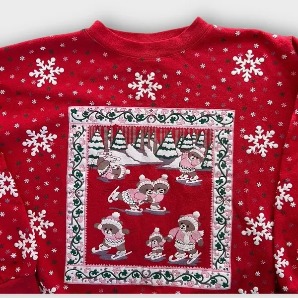 Vintage 90s Spumoni by Franko Christmas Skating Bears Sweatshirt Women's Medium - Image 2