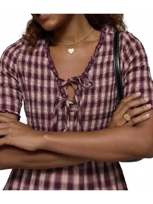 AE Puff Sleeve Tie Front Plaid Mini Dress American Eagle Pink NWT Burgundy XXL - Image 9