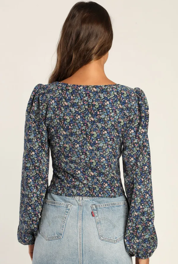 Lulus Floral Corduroy Ballon Sleeve Crop Top - Image 2