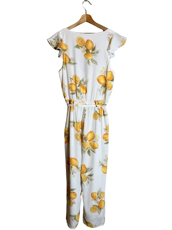 For Love & Lemons Limonada Tie-Front Jumpsuit Women's Medium White Lemon Print - Image 7