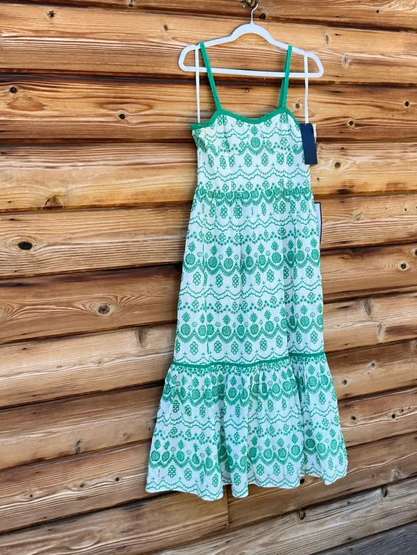 Adrianna Papell White Green Size 6 Cotton Eyelet Ruffle Midi Dress Party Picnic - Image 8