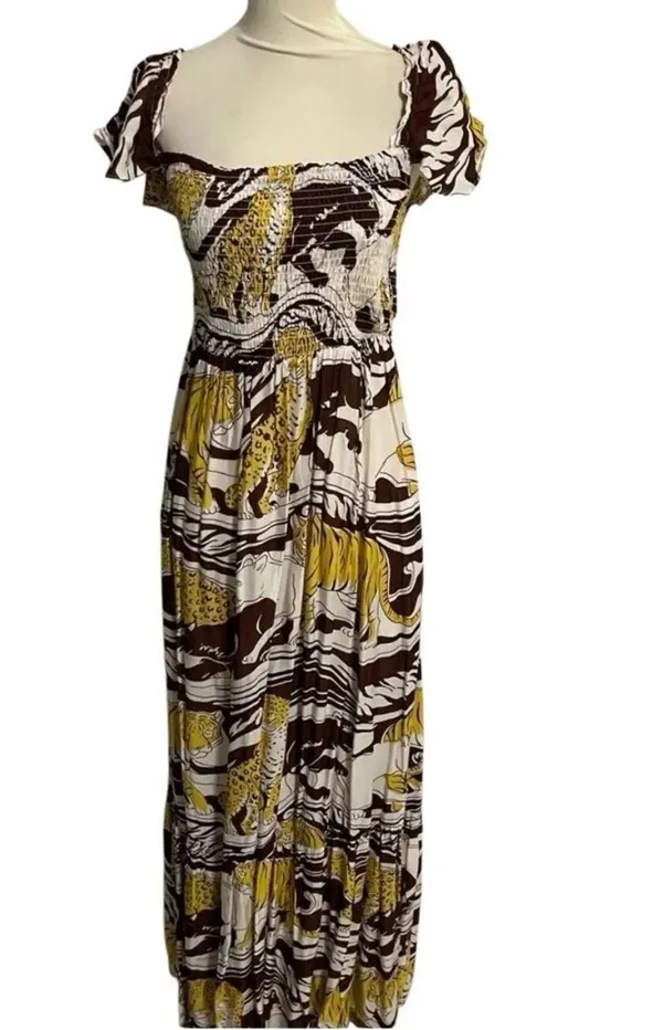 By Anthropologie Leopard Print ruffled maxi dress XL Smocking Flutter Sleeve #14 - Image 4
