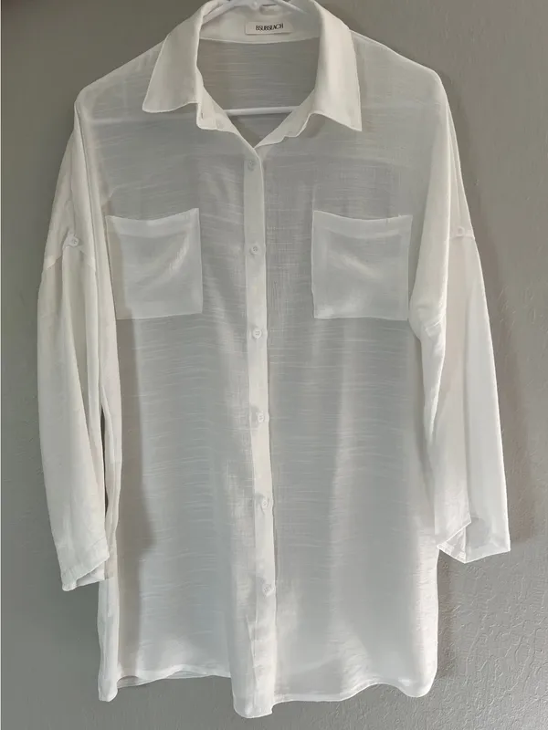 BSUBSEACH White Sheer Button Down Long Sleeve Swimsuit Beach Cover Up One Size - Image 2