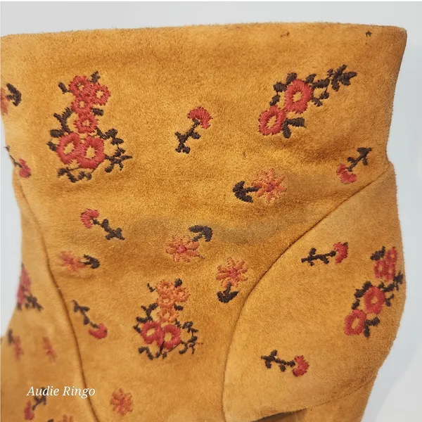 Bocage Cognac Suede Floral Embroidered Ankle Booties Block Heel EU 40 (US 9) - Image 6