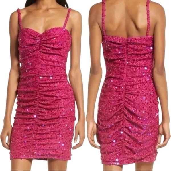 NWT Sho By Tadashi Shoji Sequin BodyCon Ruched Hot Pink Mini Dress Large $268‎ - Image 2