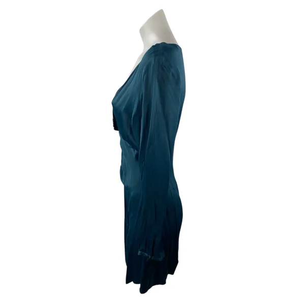 Zara Green Silky Satin Ruched V Neck Long Sleeve Mini Flare A-Line Dress Size M - Image 3