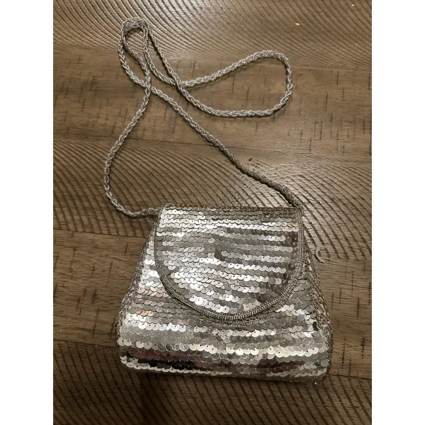 Vintage Silver‎ Sequin & Bead Crossbody Mini Bag // Y2K Disco Glam Evening Purse - Image 2
