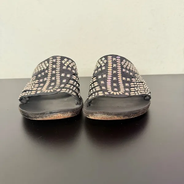 Colleen Cordero Silver Studded Slide Sandals Womens 9 Black Leather Slip On Flat - Image 12