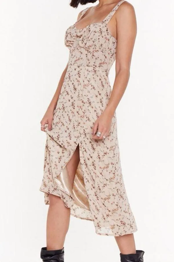 Nasty Gal Cream and Pink Midi Dress with Floral Print - Image 2