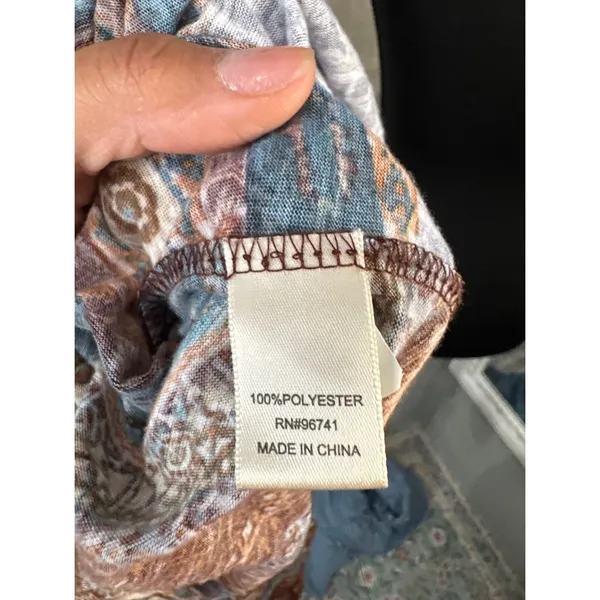 Tru Self Women XL Boho Tapestry Print Tunic Top Rust Blue 3/4 Sleeve Scoop Neck - Image 4