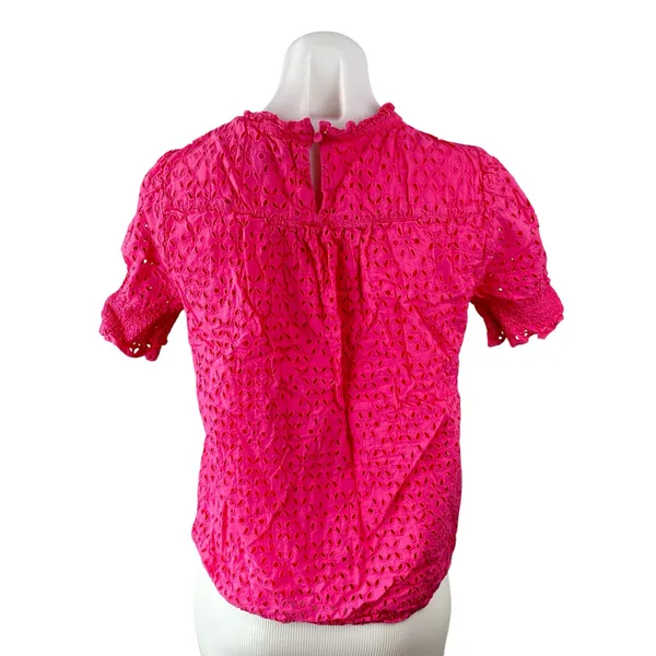 J,Crew Women's Pink Embroidered Eyelet Short Puff Sleeve Mock Neck Blouse Top S - Image 4