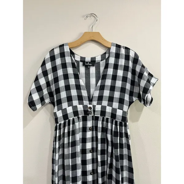 Lulus Checks Out Black‎ White Gingham Button Front Midi Dress Small - Image 6