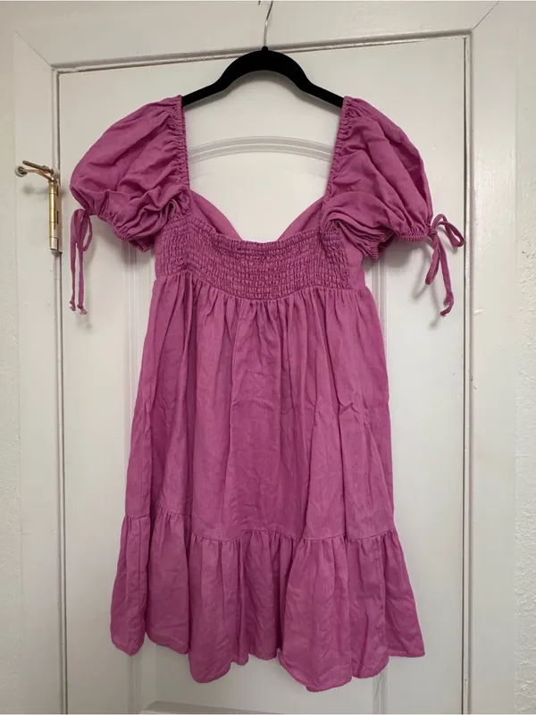 Olivaceous Pink Puff Sleeve Babydoll Linen Dress - Image 3
