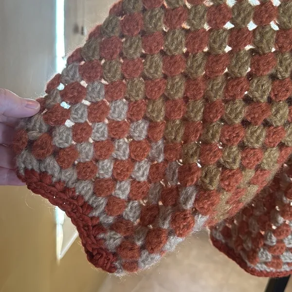 Handmade Rust Orange Tan Open Knit Crochet Sweater Large Boho Oversized Pullover - Image 3