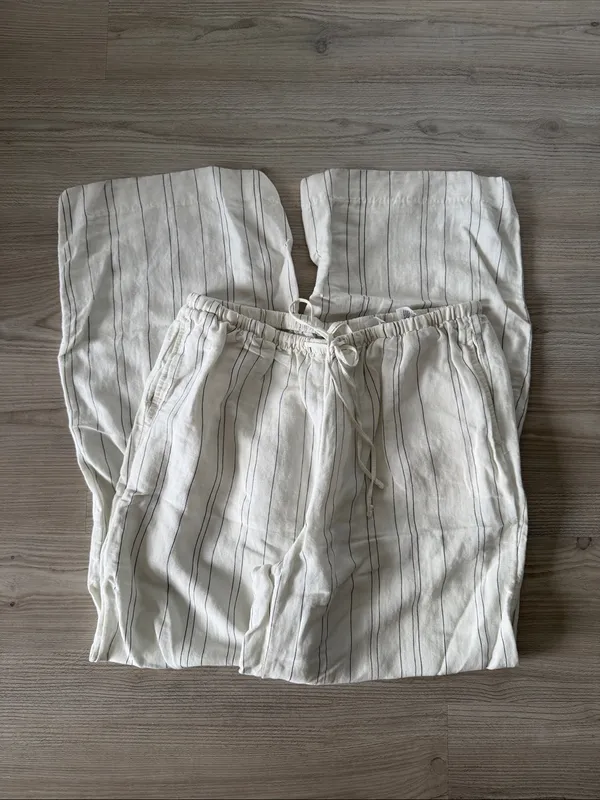 H&M Lightweight Striped Drawstring Linen Blend Pants - Cream - Image 4